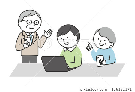Image of multi-generational people learning together using smartphones and computers. Japanese seniors and young people learning on digital devices. Image of multi-generational people learning together using smartphones and computers. Japanese seniors and young people learning on digital devices. 136151171