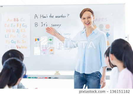 Education A child taking a lesson in an English conversation class and a native teacher 136151182