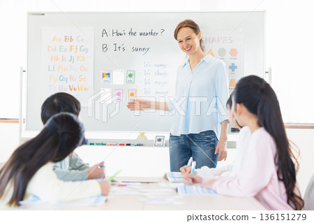 Education A child taking a lesson in an English conversation class and a native teacher 136151279