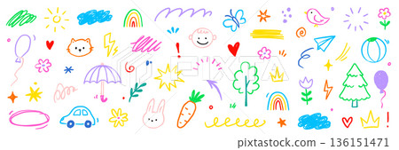 Kid cute baby childish element set. Cute kid school doodle sketch rainbow, sun, cloud background. Children preschool cartoon icons with happy face, house, tree, bird and heart. Vector Kid cute baby childish element set. Cute kid school doodle sketch rainbow, sun, cloud background. Children preschool cartoon icons with happy face, house, tree, bird and heart. Vector 136151471