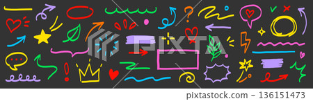 Marker line hand drawn arrow, highlight scribble set. Sketch color hand drawn marker line arrowbrush element shape graphic. Doodle scribble paint underline, circle frame icons. Vector Marker line hand drawn arrow, highlight scribble set. Sketch color hand drawn marker line arrowbrush element shape graphic. Doodle scribble paint underline, circle frame icons. Vector 136151473