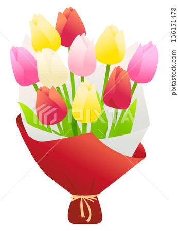 Illustration of a bouquet of colorful tulips. 136151478