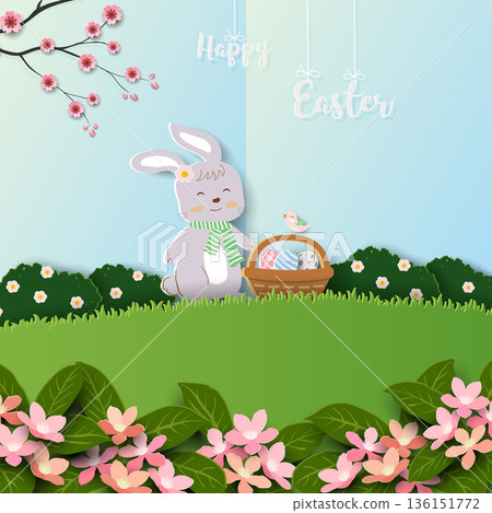 Happy Easter greeting card,cute bunny happy on beautiful spring garden for banners,flyers,social media or wallpaper Happy Easter greeting card,cute bunny happy on beautiful spring garden for banners,flyers,social media or wallpaper 136151772