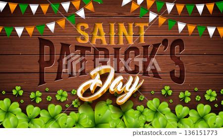 St. Patrick's Day Banner Illustration with Falling Shamrocks and Irish Party Flag on Vintage Wood Background. Traditional Saint Patricks Lucky Celebration Vector Typography Design for Flyer, Greeting St. Patrick's Day Banner Illustration with Falling Shamrocks and Irish Party Flag on Vintage Wood Background. Traditional Saint Patricks Lucky Celebration Vector Typography Design for Flyer, Greeting 136151773