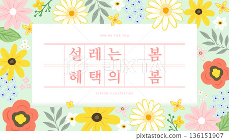 Spring template with beautiful flower. Text Translation "flutter spring, benefit spring" Spring template with beautiful flower. Text Translation "flutter spring, benefit spring" 136151907