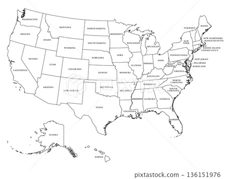 United States of America, outline map. The outlines of the USA, a federated state, subdivided into 50 states and the District of Columbia. Labeled, isolated black and white illustration. Vector United States of America, outline map. The outlines of the USA, a federated state, subdivided into 50 states and the District of Columbia. Labeled, isolated black and white illustration. Vector 136151976