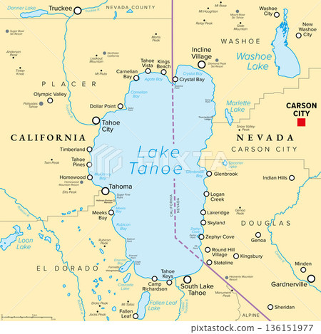 Lake Tahoe in the Western United States, political map. Freshwater lake in the Sierra Nevada straddling the border between U.S. states California and Nevada. North Americas largest alpine lake. Vector Lake Tahoe in the Western United States, political map. Freshwater lake in the Sierra Nevada straddling the border between U.S. states California and Nevada. North Americas largest alpine lake. Vector 136151977