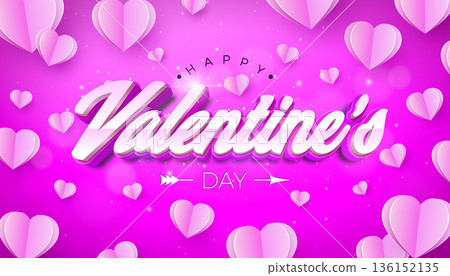 Happy Valentines Day Banner Design with Heart and 3D Typography Letter on Pink Background. Vector Wedding and Romantic Love Valentine Theme Illustration for Flyer, Greeting Card, Holiday Poster or 136152135