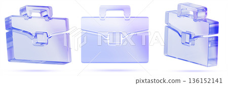 3d crystal glass briefcase set with purple blue holographic gradient. Business portfolio, document case, office bag or suitcase for web or ui design, isolated transparent render icons. 3D illustration 136152141