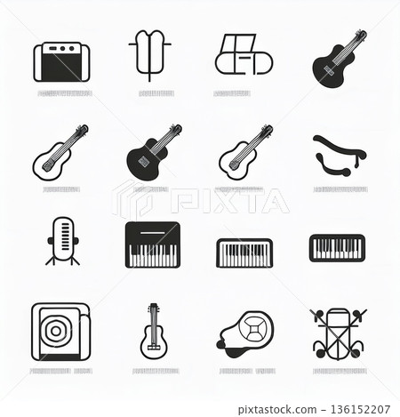 一套簡單的樂器圖示(樂器、吉他、鋼琴、鼓) 一套簡單的樂器圖示(樂器、吉他、鋼琴、鼓) 136152207