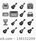 Simple icon set of musical instruments (music, guitar, piano, drums) 136152209