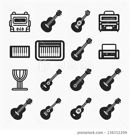 Simple icon set of musical instruments (music, guitar, piano, drums) Simple icon set of musical instruments (music, guitar, piano, drums) 136152209