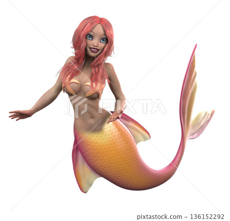 3D Smiling Mermaid with Pink and Orange Tail 3D Smiling Mermaid with Pink and Orange Tail 136152292