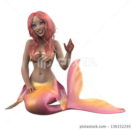 3D Smiling Mermaid with Pink and Orange Tail 3D Smiling Mermaid with Pink and Orange Tail 136152293