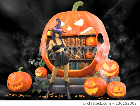 3D Witch in Library Pumpkin 136152302