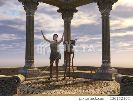 3D Woman in Ancient Temple Ruins 136152303