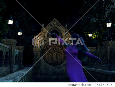3D Woman in Purple Gown at Gothic Stone Temple 3D Woman in Purple Gown at Gothic Stone Temple 136152306