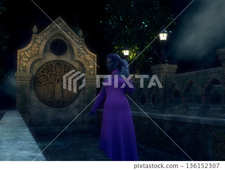 3D Woman in Purple Gown at Gothic Stone Temple 3D Woman in Purple Gown at Gothic Stone Temple 136152307