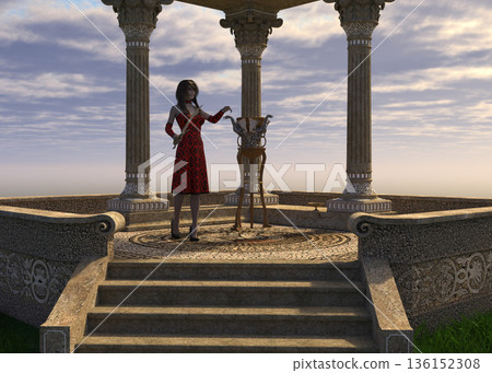 3D Woman in Red Dress at Ancient Temple 3D Woman in Red Dress at Ancient Temple 136152308