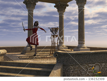 3D Woman in Red Dress at Ancient Temple 3D Woman in Red Dress at Ancient Temple 136152309