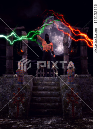 3D Dark Warrior with Axe on Altar Under Full Moon 136152326