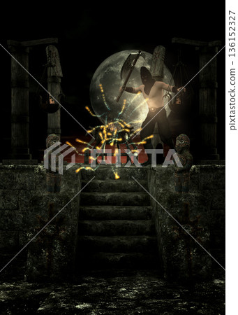 3D Dark Warrior with Axe on Altar Under Full Moon 136152327