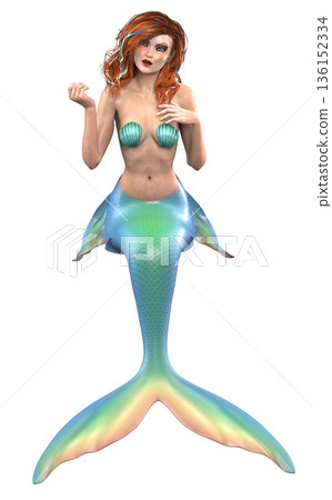 3D Fantasy Mermaid with Green Orange Tail 136152334