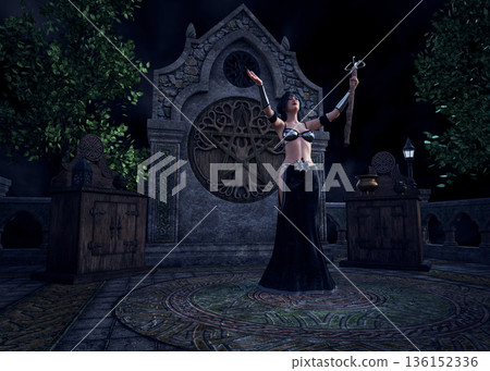 3D Fantasy Sorceress Standing by Ancient Stone Shrine 136152336