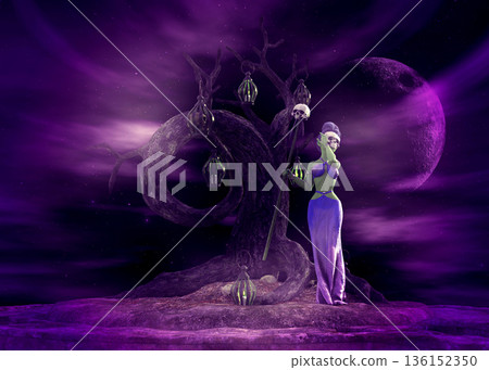 Fantasy Woman in Silver Gown and Moonlit Tree Fantasy Woman in Silver Gown and Moonlit Tree 136152350
