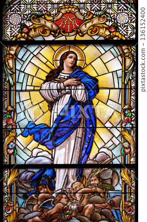 Virgin Mary, stained glass window in the Parish Church of the Visitation of the Virgin Mary in Zagreb, Croatia Virgin Mary, stained glass window in the Parish Church of the Visitation of the Virgin Mary in Zagreb, Croatia 136152400