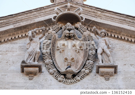 Coat of arms of France on the facade of Chiesa di San Luigi dei Francesi - Church of St Louis of the French, Rome, Italy 136152410