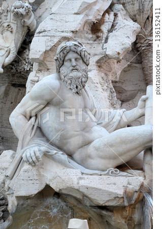 Piazza Navona, Fountain of the Four Rivers detail showing the river-god Ganges by Gian Lorenzo Bernini, Rome, Italy 136152411