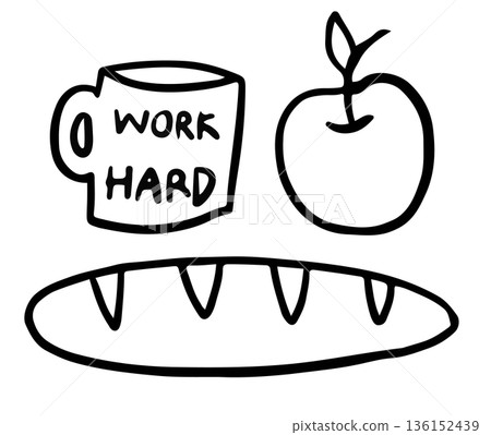 Cute hand drawn outline of bread loaf, coffee mug, apple for bakery, pastry, cafe, restaurant, breakfast, lunch hour, menu, recipe, snack, food, office workers, grocery shopping, colouring book, art Cute hand drawn outline of bread loaf, coffee mug, apple for bakery, pastry, cafe, restaurant, breakfast, lunch hour, menu, recipe, snack, food, office workers, grocery shopping, colouring book, art 136152439