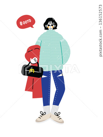 一位時尚可愛的女士,留著黑色波波頭。 一位時尚可愛的女士,留著黑色波波頭。 136152573