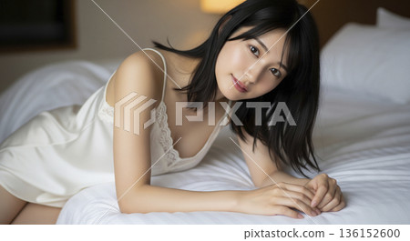 A Japanese woman with a soft expression while relaxing in bed 136152600