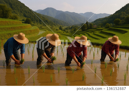 Rice planting in the terraced rice fields 136152887