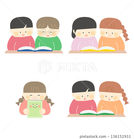 孩子們和朋友一起閱讀的插圖 孩子們和朋友一起閱讀的插圖 136152931