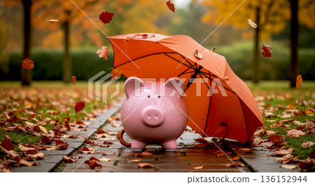 A piggy bank under an orange umbrella in the rain against the backdrop of an autumn park. Protect your savings. 136152944