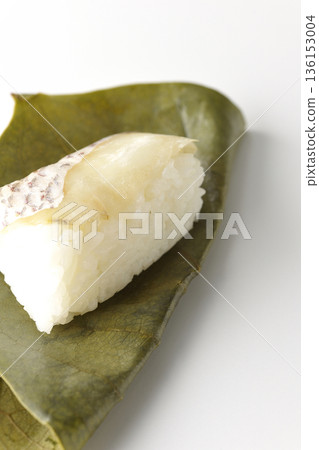 Sea bream persimmon leaf sushi photographed on white background 136153004