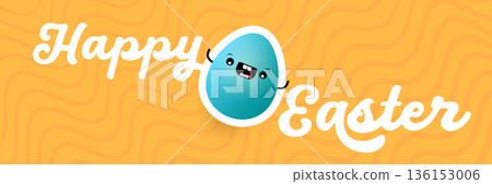 Happy Easter Bright orange horizontal header with text and friendly egg mascot character. Trendy seasonal banner for website backgrounds, social media promotions, and retail shop advertisements. Happy Easter Bright orange horizontal header with text and friendly egg mascot character. Trendy seasonal banner for website backgrounds, social media promotions, and retail shop advertisements. 136153006