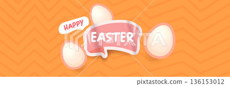 Happy Easter Bright orange horizontal header with text and friendly egg mascot character. Trendy seasonal banner for website backgrounds, social media promotions, and retail shop advertisements. Happy Easter Bright orange horizontal header with text and friendly egg mascot character. Trendy seasonal banner for website backgrounds, social media promotions, and retail shop advertisements. 136153012