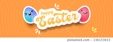 Happy Easter Bright orange horizontal header with text and friendly egg mascot character. Trendy seasonal banner for website backgrounds, social media promotions, and retail shop advertisements. Happy Easter Bright orange horizontal header with text and friendly egg mascot character. Trendy seasonal banner for website backgrounds, social media promotions, and retail shop advertisements. 136153013