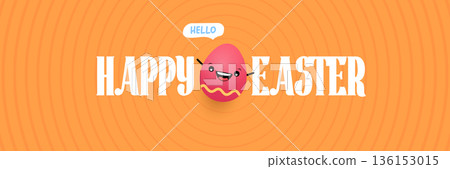 Happy Easter Bright orange horizontal header with text and friendly egg mascot character. Trendy seasonal banner for website backgrounds, social media promotions, and retail shop advertisements. 136153015
