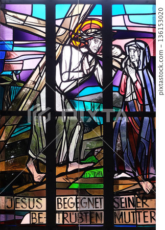 4th Stations of the Cross, Jesus meets His Mother, stained glass window in Saint Lawrence church in Kleinostheim, Germany 4th Stations of the Cross, Jesus meets His Mother, stained glass window in Saint Lawrence church in Kleinostheim, Germany 136153020