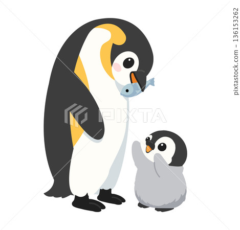 Penguin Feeding Fish to Chick Illustration 136153262