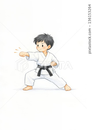 Karate little kid practice kata cartoon design character logo on white background. Taekwondo karateka child boy artistic pencil sketch graphic style illustration  136153264
