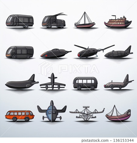 一套簡單的交通工具圖示（汽車、巴士、船、自行車、飛機） 136153344