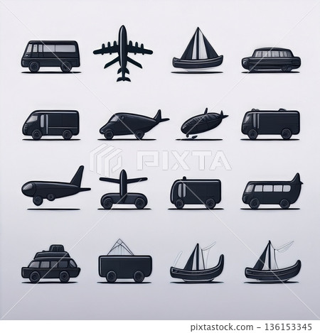 一套簡單的交通工具圖示（汽車、巴士、船、自行車、飛機） 136153345