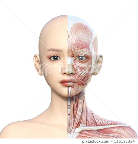 Muscle anatomy diagram 3D illustration of a woman with the right half of the muscle anatomy diagram Upper body Front up Muscle anatomy diagram 3D illustration of a woman with the right half of the muscle anatomy diagram Upper body Front up 136153354