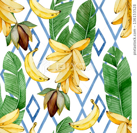 Watercolor banana seamless pattern with tropical banana palm leaves on tile ornament background 136153528